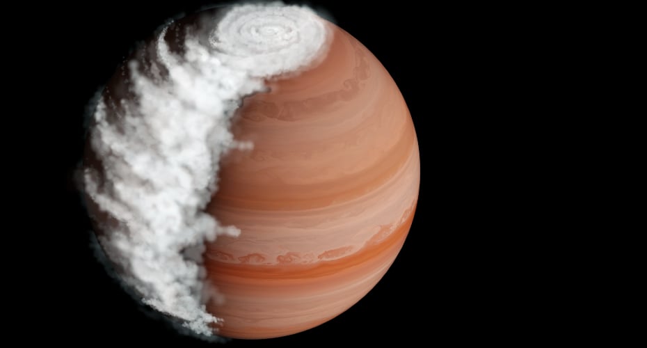 Artistic representation of WASP-94A. Clouds build as air flows over the dark side of the planet, reaching a large swell by daybreak. The clouds dissipate on the dayside, leaving clear skies in the early evening. Credit: Hannah Robbins/Johns Hopkins University