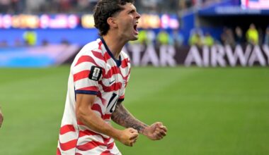 United States' Christian Pulisic celebrates after an own goal by Paraguay's Damian Bobadilla during the World Cup Group D soccer match in Inglewood, Calif., near Los Angeles, Friday, June 12, 2026.