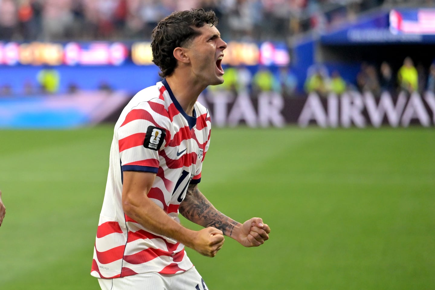 United States' Christian Pulisic celebrates after an own goal by Paraguay's Damian Bobadilla during the World Cup Group D soccer match in Inglewood, Calif., near Los Angeles, Friday, June 12, 2026.