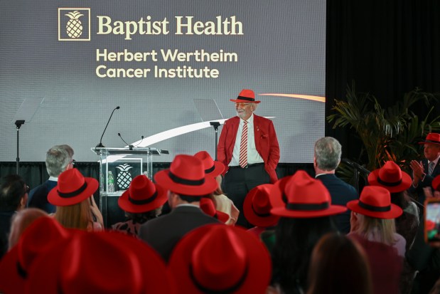 Dr. Herbert ("Herbie") Wertheim announces his $100 million gift to Baptist Health to establish the also establish the Herbert Wertheim Cancer Institute Transformational Impact Fund. (Courtesy of Baptist Health South Florida)