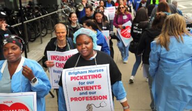 Dozens of Brigham and Women’s Hospital nurses picketed in 2024 to fight for improved staffing and wage increases.