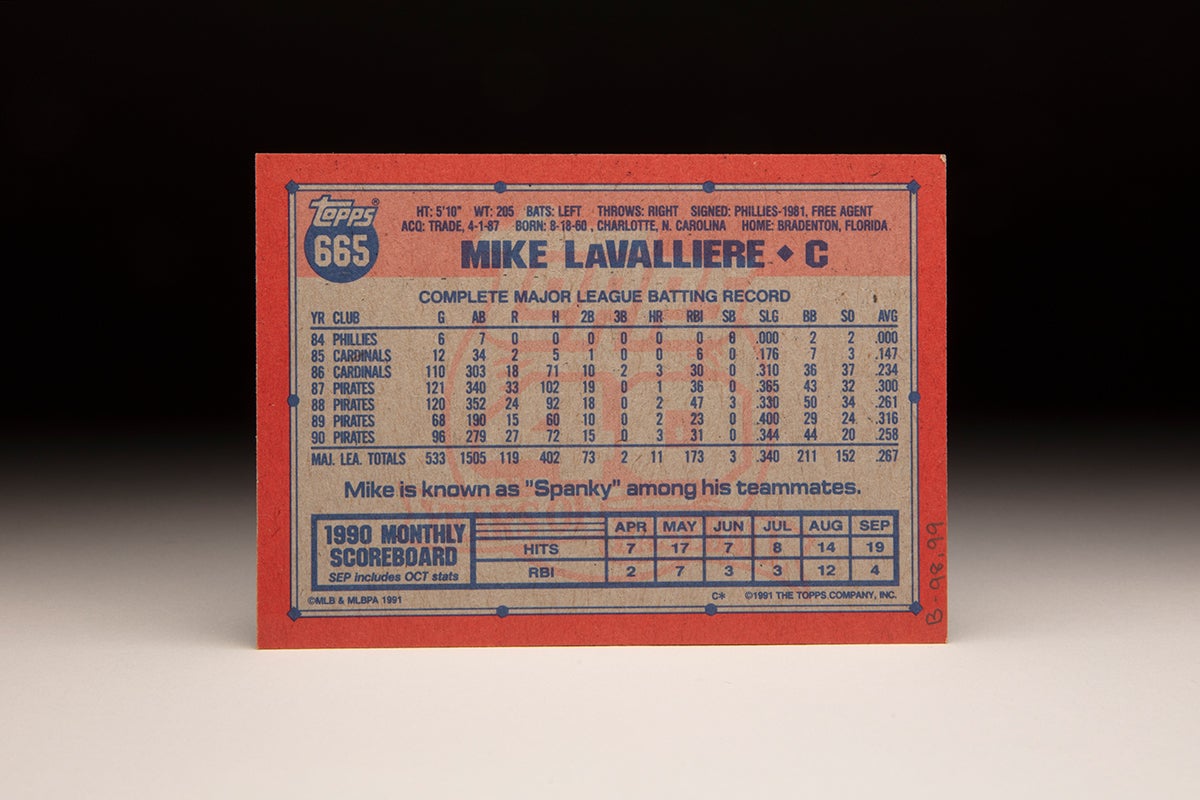 Back of 1991 Topps Mike LaValliere card