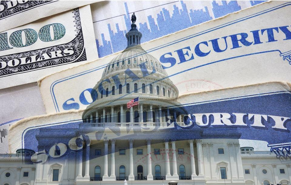 Congress building, Social Security card, and money.