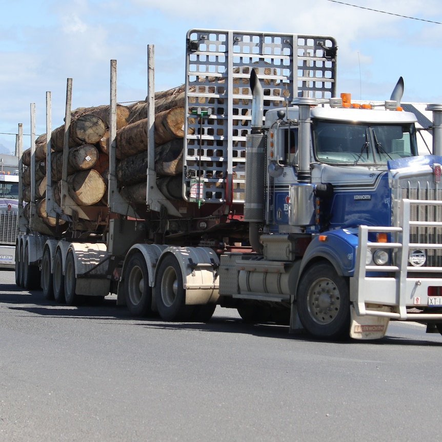 A semi-trailer loaded with logs on a road. Another truck is behind it.