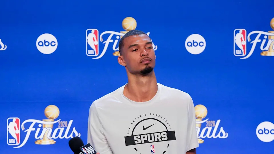 Jun 3, 2026; San Antonio, Texas, USA; San Antonio Spurs forward Victor Wembanyama speaks to the media after game one of the 2026 NBA Finals at Frost Bank Center. Mandatory Credit: Scott Wachter-Imagn Images© Scott Wachter-Imagn Images.