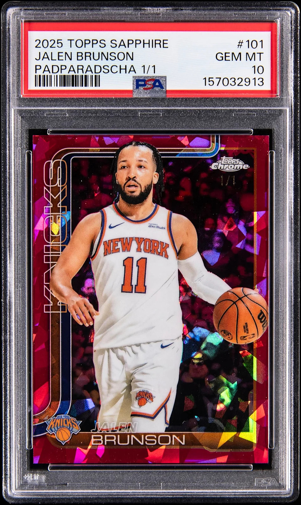 This 2025 Padparadscha 1/1 <a class="link " href="https://sports.yahoo.com/nba/players/6044/" data-i13n="sec:content-canvas;subsec:anchor_text;elm:context_link" data-ylk="slk:Jalen Brunson;sec:content-canvas;subsec:anchor_text;elm:context_link;itc:0" data-yga="{"yLinkElement":"context_link","yModuleName":"content-canvas","yLinkText":"Jalen Brunson","ySubModuleName":"anchor_text","yHasCommerce":false}">Jalen Brunson</a> sold for $17.4k on Goldin May 28th 2026, 2 days after the Knicks clinched a spot in the NBA Finals.