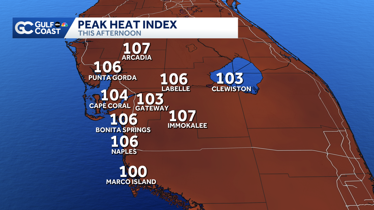Southwest Florida heat index over 105 as storms stay inland