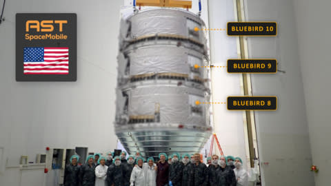 AST SpaceMobile BlueBirds 8, 9 and 10 stacked, ready for payload integration.