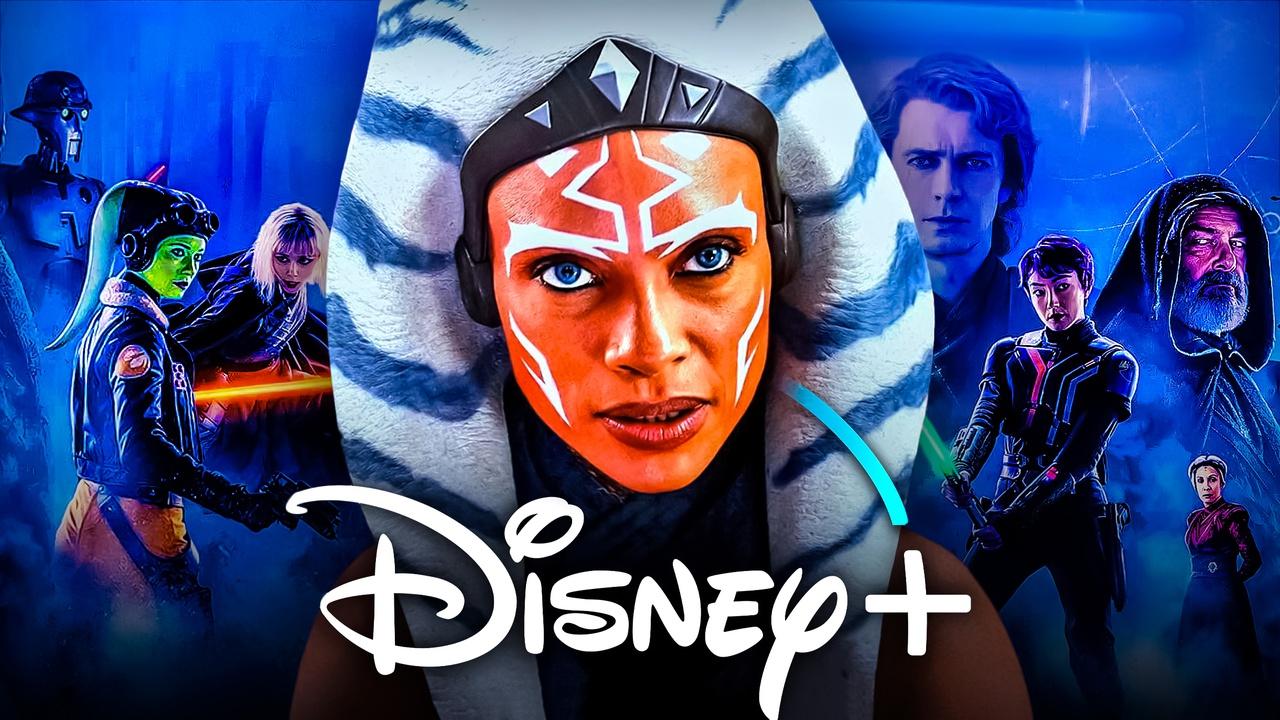 Ahsoka with series characters, Disney Plus logo