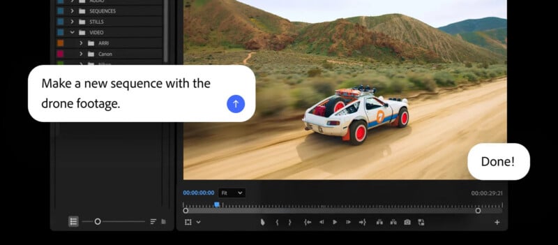 A video editing software interface shows a car driving fast on a dirt road through hills. Speech bubbles say, "Make a new sequence with the drone footage." and "Done!.