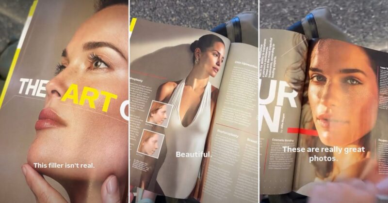 Three magazine pages show close-up photos of women’s faces and beauty articles. Overlaid captions read: “This filler isn’t real,” “Beautiful,” and “These are really great photos.”.