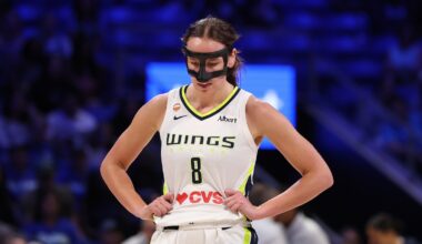 Dallas Wings forward Alanna Smith walking backcourt during a game against the Minnesota Lynx at College Park Center.