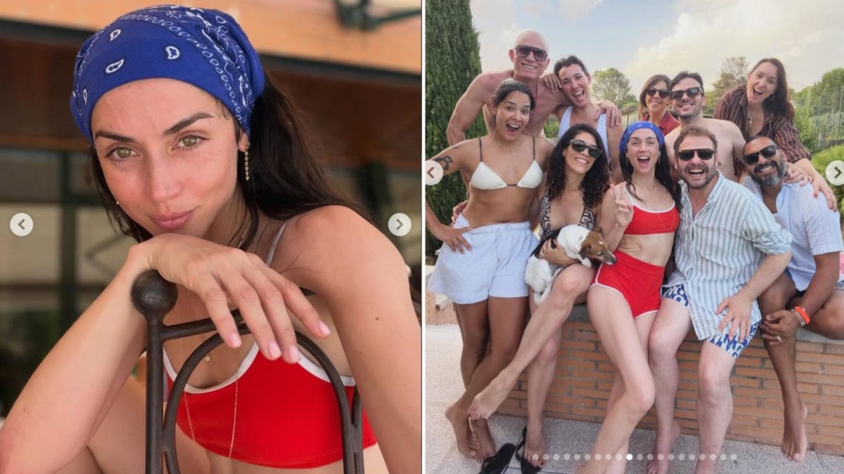 A split image of Ana de Armas in a revealing red two-piece set.