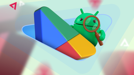 Android mascot peering through a magnifying glass behind a large, colorful 3D Google Play Store logo.