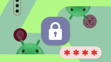 Android mascots peering around a central lock icon, accompanied by fingerprint, face unlock, and password entry graphics.