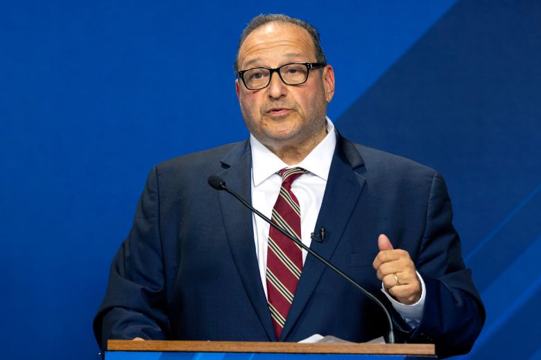 Joe Baldacci give his closing statement during a Democratic primary debate in Lewiston, Maine, on May 28, 2026.