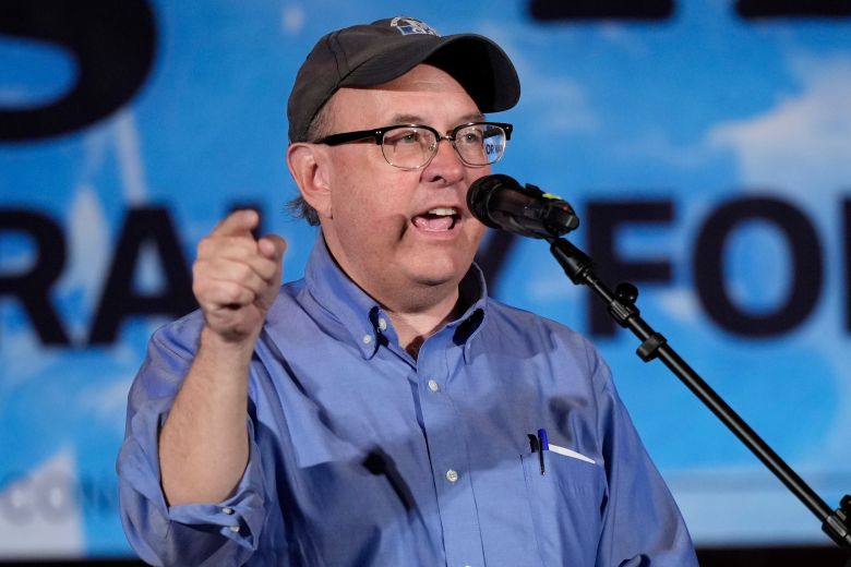 Matt Dunlap, a Democratic candidate for Congress, speaks at a campaign event Friday, June 5, 2026, in Bar Harbor, Maine.