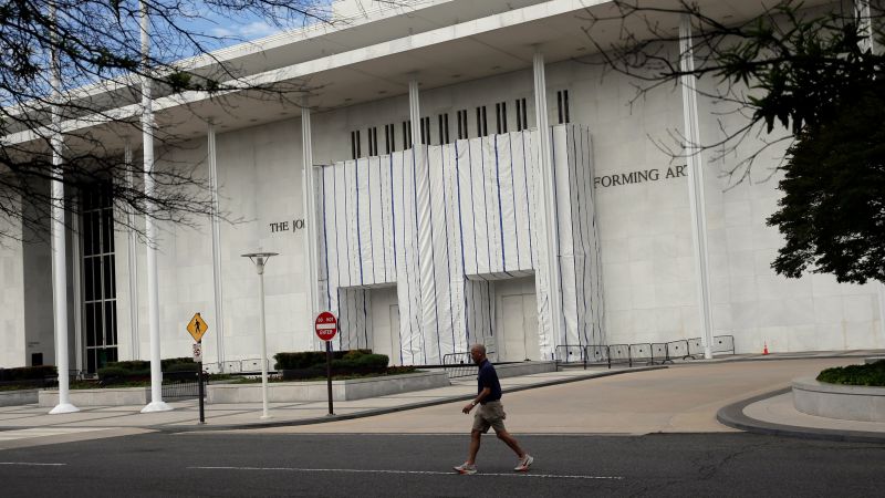 Kennedy Center exterior remains covered after Trump’s name is removed