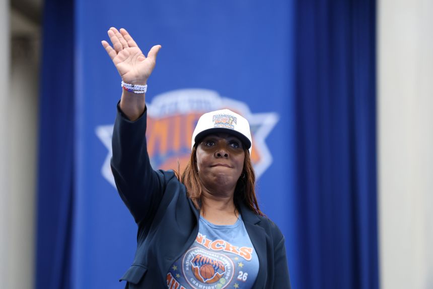 New York Attorney General Letitia James waves during the New York Knicks' NBA championship parade on Thursday, June 18, in New York.