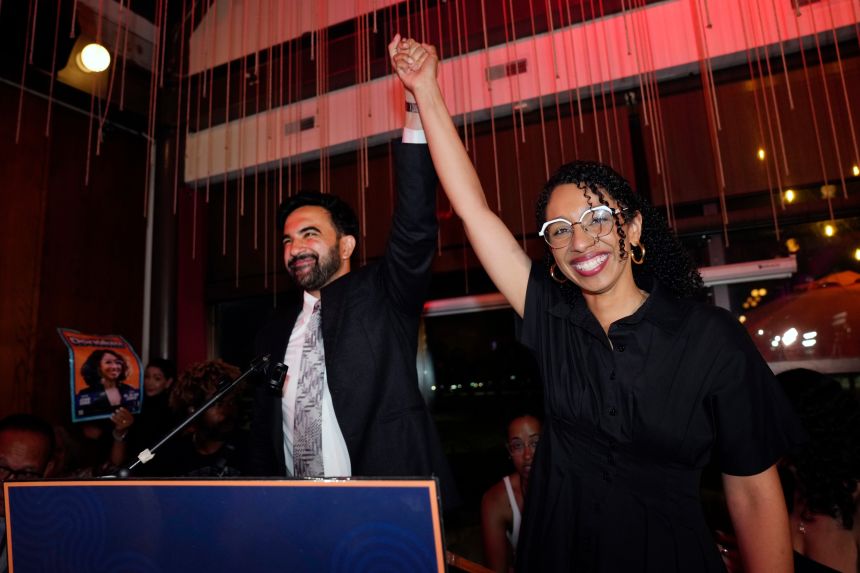 New York City Mayor Zohran Mamdani celebrates with Democratic congressional candidate Darializa Avila Chevalier during an election night watch party in New York on June 23.