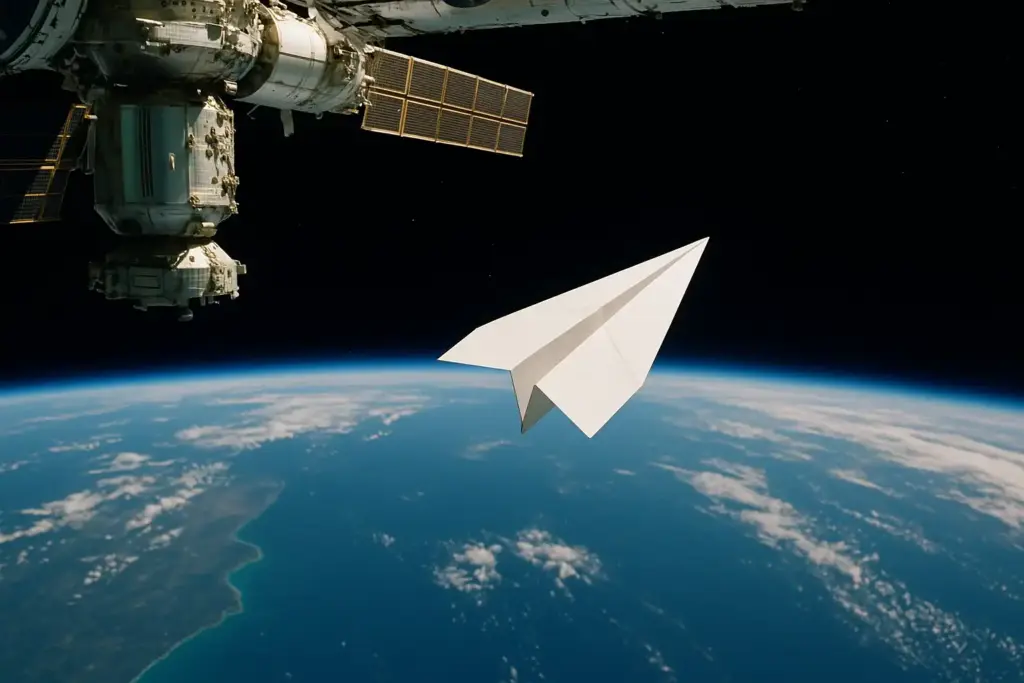 Paper airplane floating above Earth from space station, emphasizing space exploration and scientific innovation.