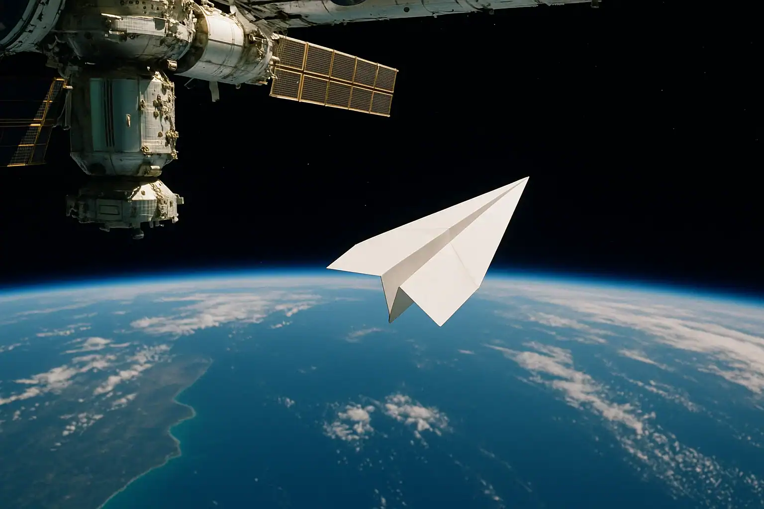 Paper airplane floating above Earth from space station, emphasizing space exploration and scientific innovation.