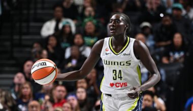 Dallas Wings forward Awak Kuier dribbles the basketball against the New York Liberty at Barclays Center.