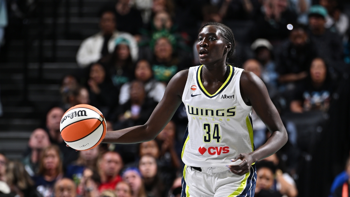 Dallas Wings forward Awak Kuier dribbles the basketball against the New York Liberty at Barclays Center.