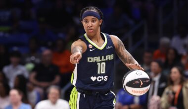 Dallas Wings guard Aziaha James controls the ball against the Seattle Storm