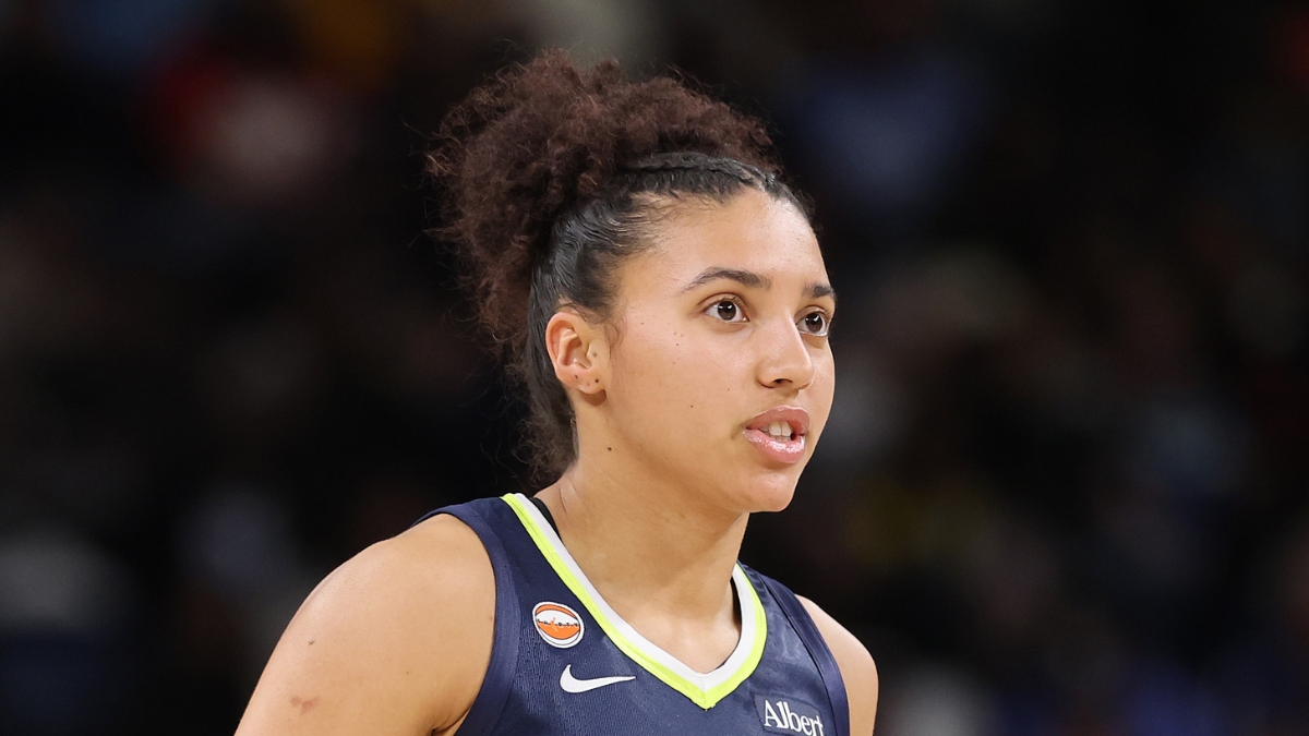 Dallas Wings rookie guard Azzi Fudd (#35) looking on from the court during the second half of a game against the Chicago Sky at Wintrust Arena.