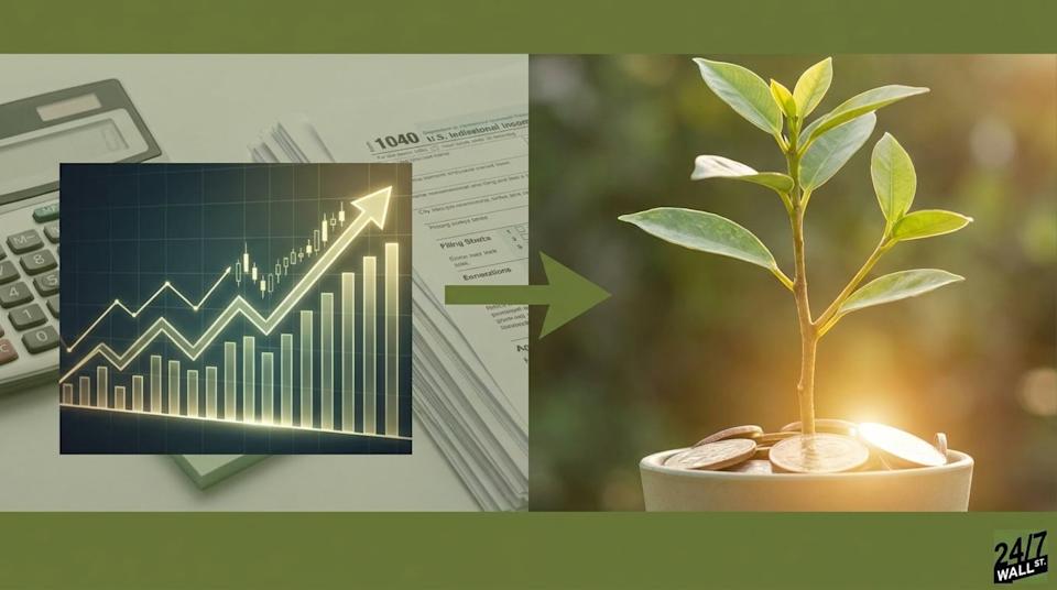 A split-screen image showing a tax form and rising stock chart on the left, connected by a green arrow to a small green plant growing out of a pile of gold coins on the right.