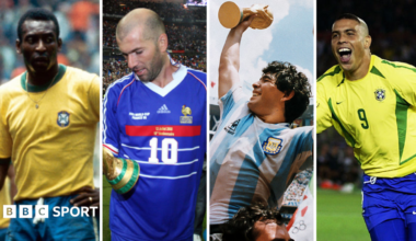 Graphic of Messi, Hurst, Pele and Maradona