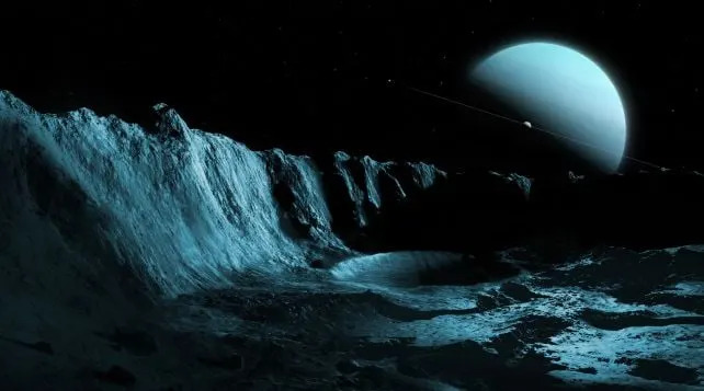 How Uranus might look from the surface of its moon Ariel. Although Uranus is extremely tilted, the larger inner moons all orbit on the same equatorial plane. (Mark Garlick/Science Photo Library/Getty Images)
