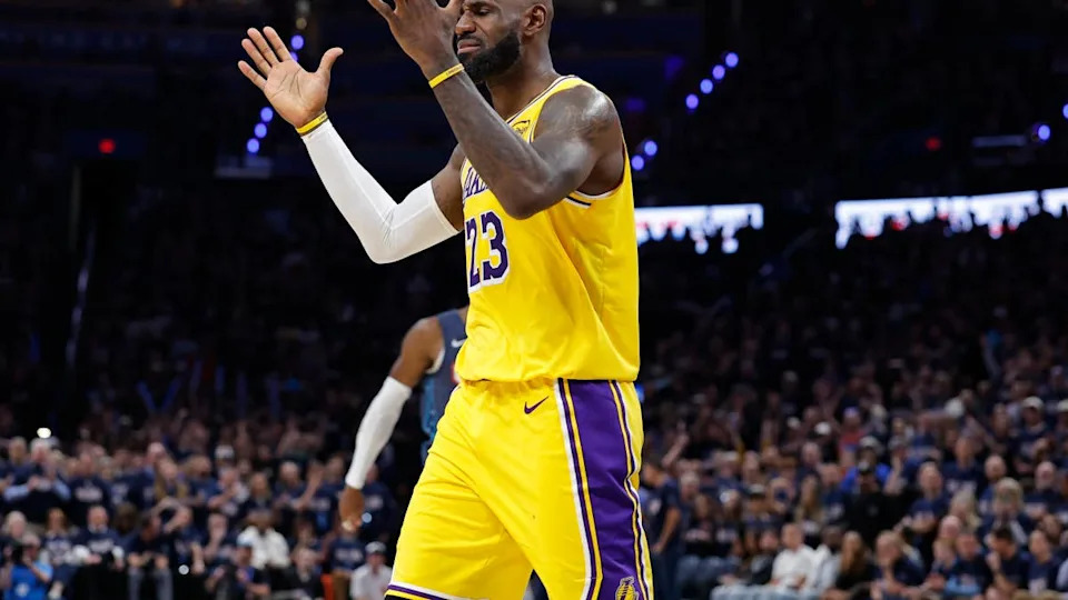 May 7, 2026; Oklahoma City, Oklahoma, USA; Los Angeles Lakers forward LeBron James (23) reacts after a play against the <a class="link " href="https://sports.yahoo.com/nba/teams/oklahoma-city/" data-i13n="sec:content-canvas;subsec:anchor_text;elm:context_link" data-ylk="slk:Oklahoma City Thunder;sec:content-canvas;subsec:anchor_text;elm:context_link;itc:0" data-yga="{"yLinkElement":"context_link","yModuleName":"content-canvas","yLinkText":"Oklahoma City Thunder","ySubModuleName":"anchor_text","yHasCommerce":false}">Oklahoma City Thunder</a> in the second half during game two of the second round of the 2026 NBA Playoffs at Paycom Center. Mandatory Credit: Alonzo Adams-Imagn Images© Alonzo Adams-Imagn Images&period;