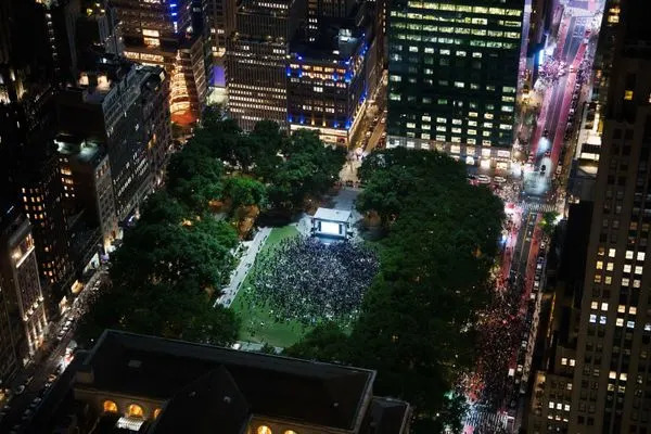 A watch party at Bryant Park, as seen from SUMMIT One Vanderbilt, for Game 3 of the NBA Finals between New York Knicks and San Antonio Spurs on June 8, 2026 in New York City.