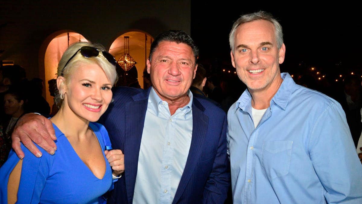 Bailie Lauderdale, Ed Orgeron and Colin Cowherd standing together at The Volume Anniversary Party in Los Angeles