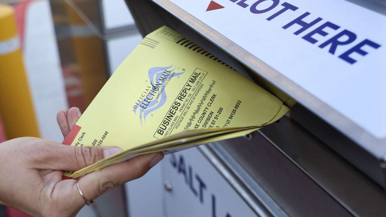 A ballot drop box at the Salt Lake County Government Center in Salt Lake City on Nov. 21, 2023. Few...
