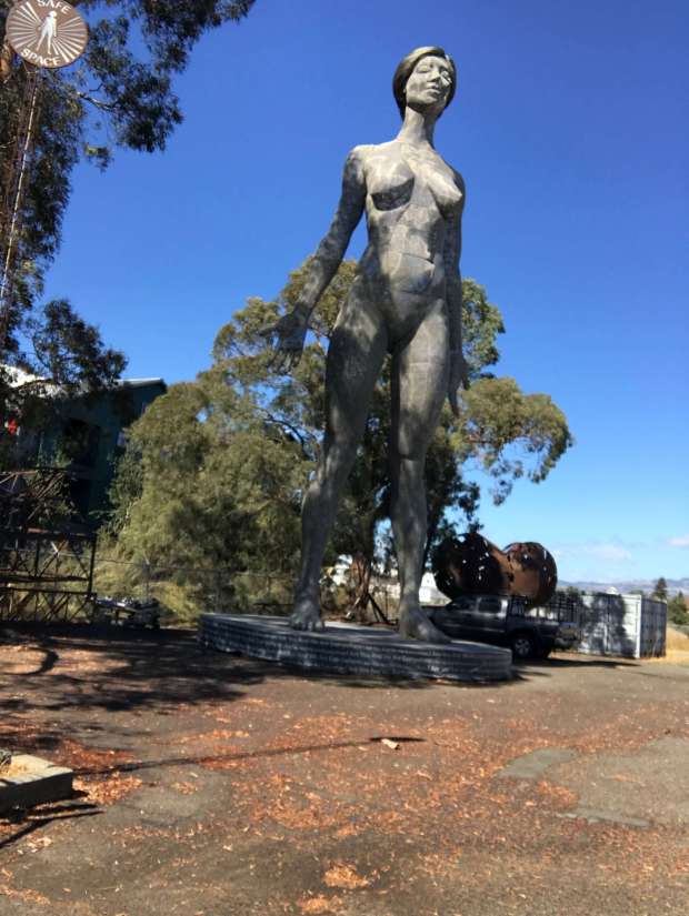 Marco Cochrane's Burning Man artwork "R-Evolution" outside the artist's Petaluma studio on 1st Street on Sunday, Sept. 19, 2021. (Don Frances / Petaluma Argus-Courier)