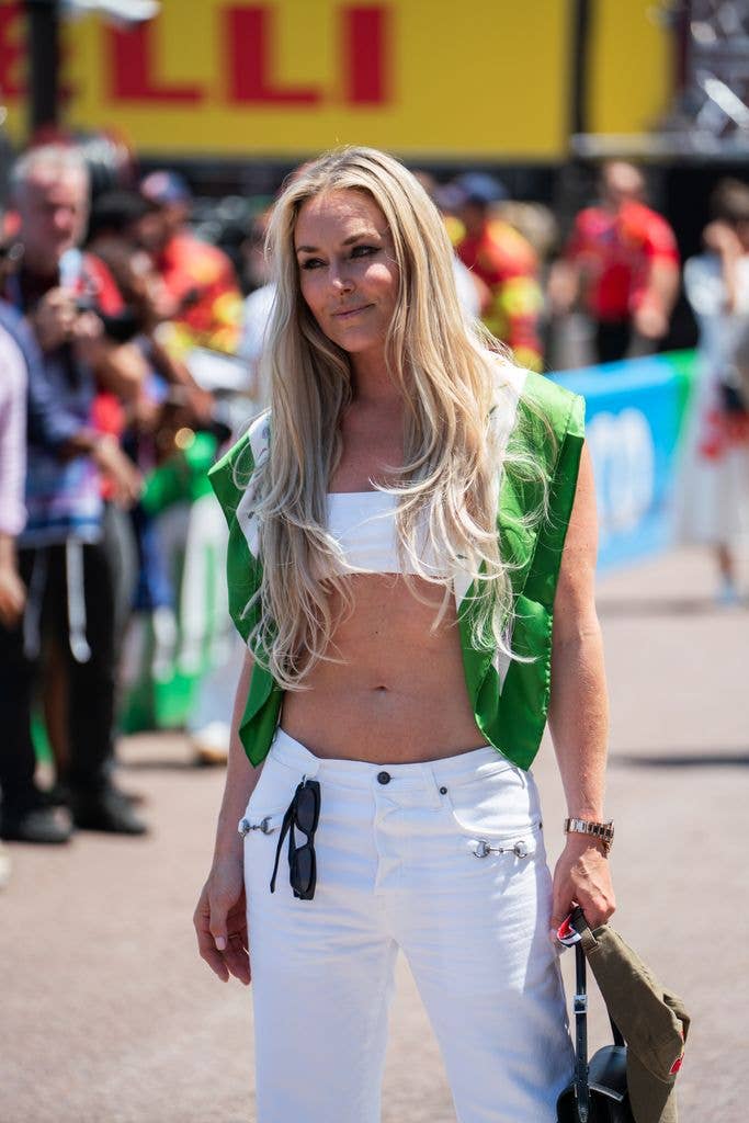 Lindsey Vonn stands in the pit lane prior to the Monaco Grand Prix 
