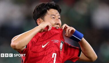 Son Heung-min bites his shirt after South Korea lose to South Africa and are knocked out of the 2026 World Cup