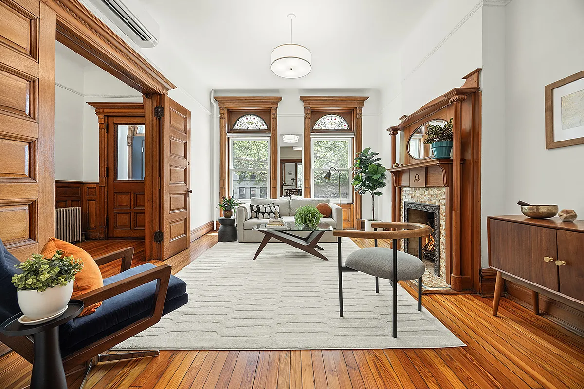 bed stuy parlor with mantel, wood floor