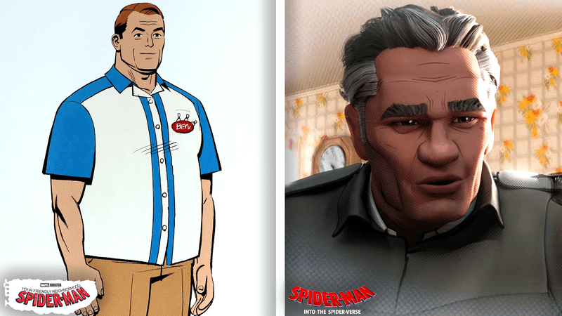 Uncle Ben Parker in bowling shirt in 'Your Friendly Neighborhood Spider-Man,' Uncle Ben from 'Spider-Man: Into the Spider-Verse.'