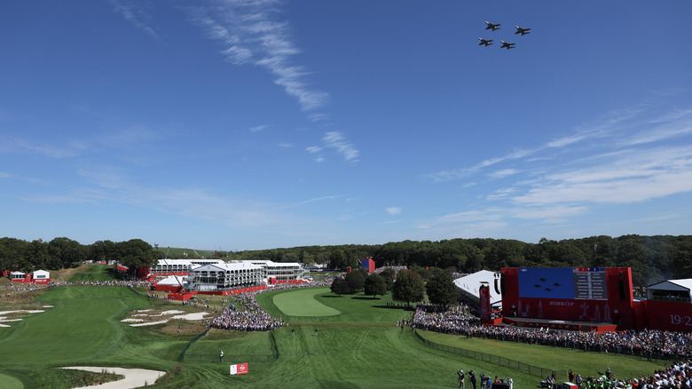 U.S. military planes conduct a flyover at the 2025 Ryder Cup at the Black Course at Bethpage State Park Golf Course on September 26, 2025 in Farmingdale, New York