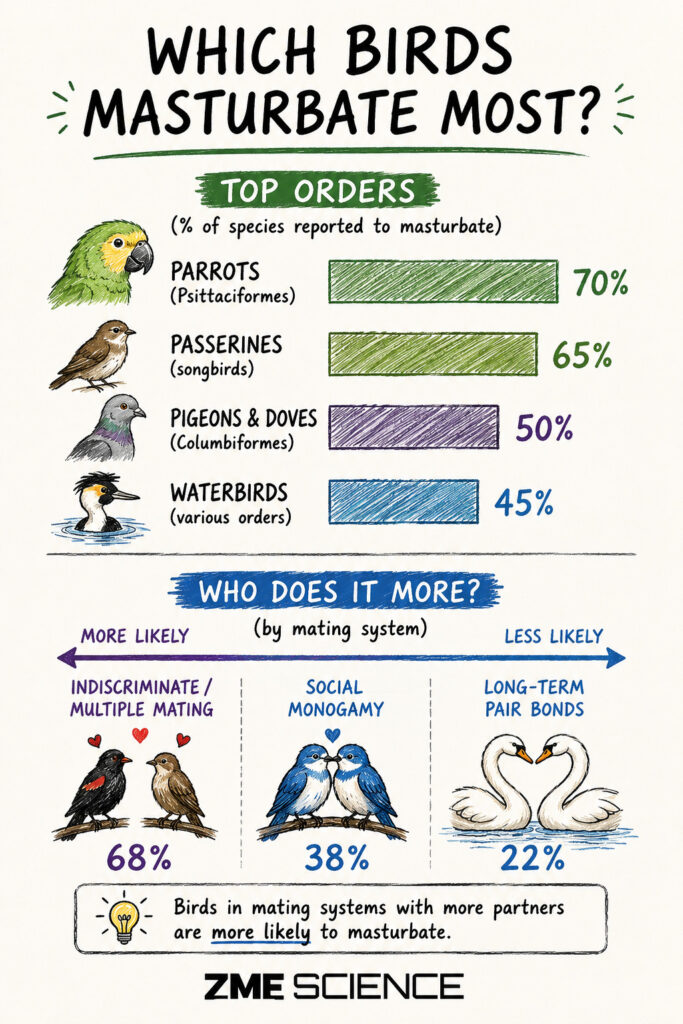 Infographic illustrating patterns of masturbations across different bird species.