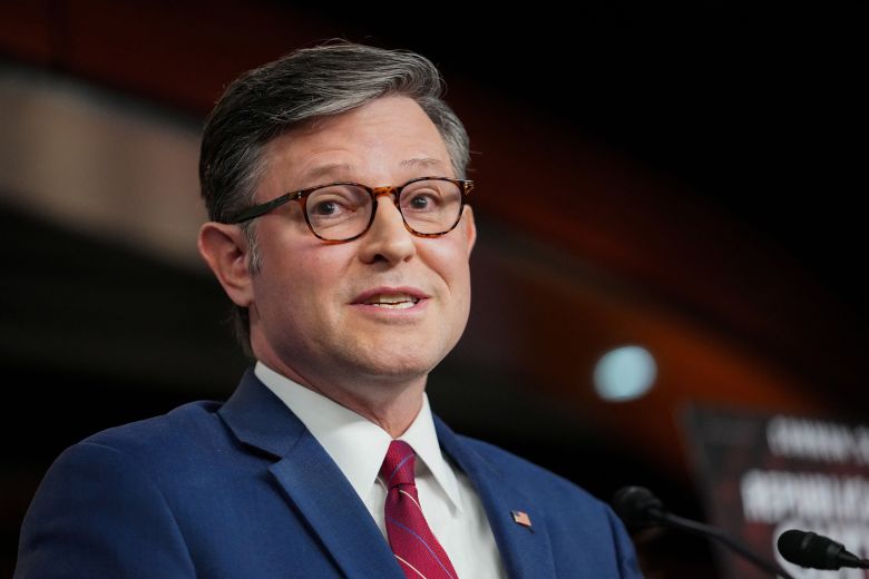 House Speaker Mike Johnson speaks during a press conference on Capitol Hill in Washington, DC, on June 3.