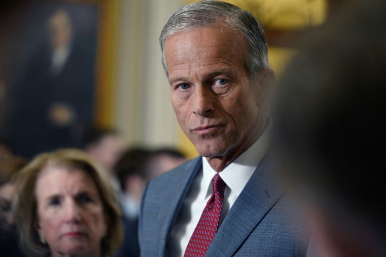 Senate Majority Leader John Thune speaks to reporters on Capitol Hill in Washington, DC, on June 9.