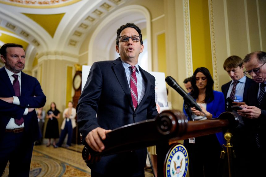 Sen. Brian Schatz speaks to reporters following a Democratic policy luncheon at the US Capitol on June 16.