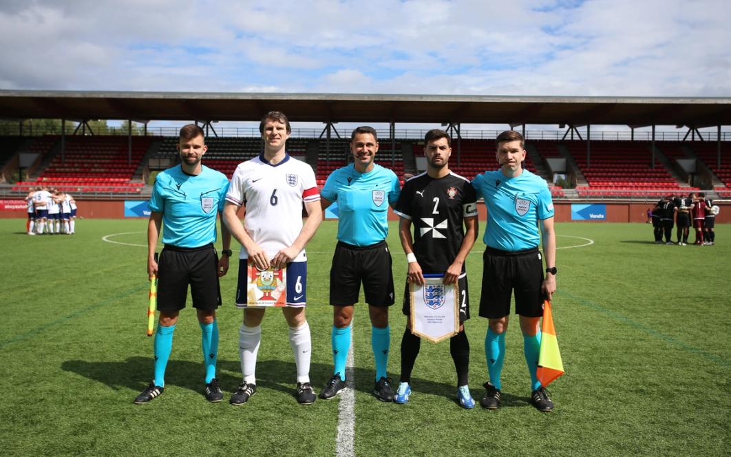 England’s Arthurian League representative team and Portugal’s Lisbon Football Association representative team line up ahead of their UEFA Regions’ Cup opener at Myyrmäki Football Stadium in Vantaa, Finland, on July 31, 2024 (Photo by Andy Nunn/The Arthurian League)