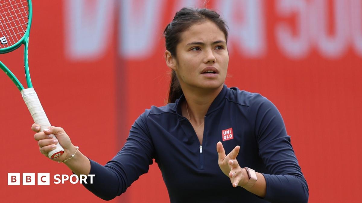 Emma Raducanu hits a forehand in practice
