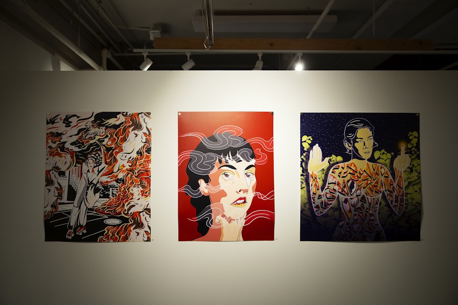 caption: Iranian artist Forouzan Safari’s work, "Imagined Freedom | Revealing Bodies Never Allowed to Be Seen," is exhibited on Wednesday, June 17, 2026, at ANTiPODE art gallery in Seattle’s Pioneer Square neighborhood.